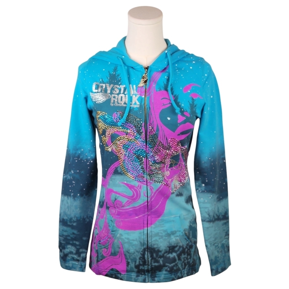 Crystal Rock by Christian Audigier Zip Hoodie S Blue Pink Y2K Limited Edition